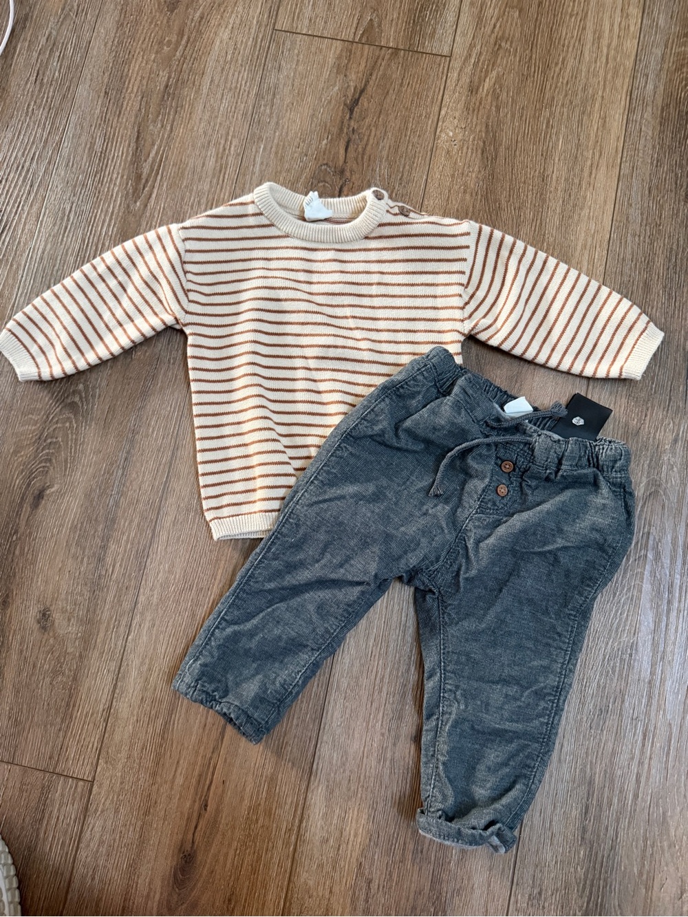 H&M 6-9 month Cream & Brown Striped Sweater and Gray Corduroy Pants Set
